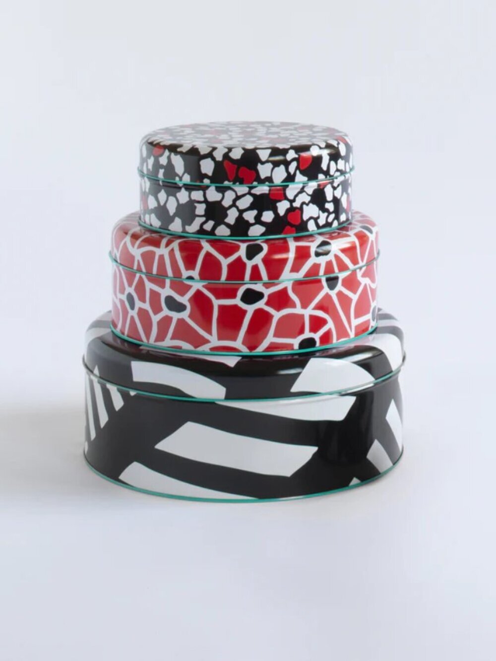 Sowden Round Tin Box Tin Set, Red/Black/White/Turquoise, New